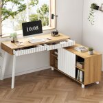 Bureau d?angle avec rangement 140 x 120 cm bureau informatique avec 2 tiroirs et placard bois naturel ...