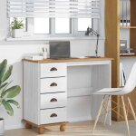 Bureau d�criture avec tiroir - meublechic - 95x40x75 cm - blanc - bois de pin massif - cadre en m�tal ...