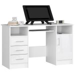Bureau dordinateur akord ana blanc 124 cm 1 porte 3 tiroirs fa�ade blanche brillante 5 �tag�res 124x52x74 ...