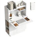 Bureau dordinateur - homcom - design pliant avec plateau rabattable �tag�res et placard - bois - 80x30x128cm ...