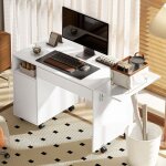 Bureau dordinateur sur roulettes table de bureau avec abattant tiroir placard et compartiment 130 x 58 ...