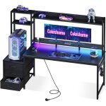 Bureau gamer avec �tag�re et tiroirs - 161�48 cm led & prise int�gr�e - tablettes rangement & support ...