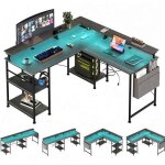 Bureau gaming angle avec led et prises 140 � 140 cm bureau gaming r�versible avec �tag�res noir
