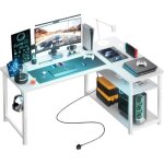 Bureau gaming en forme de l blanc - tagres rangement - port de charge usb - prise de courant