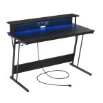 Bureau gaming avec led et multiprise table gamer bureau informatique avec rehausseur d?�cran pour 2