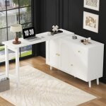 Bureau informatique 2 en 1 avec meuble de rangement pivotant bureau d?angle blanc design avec 3 portes ...