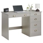 Bureau lana avec rangement 5 tiroirs et poignes en forme de coquille en pin massif lasur gris