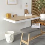 Bureau mural chêne et blanc 120cm - avec passe câbles Bureau mural chêne et blanc 120cm - avec passe câbles