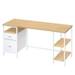Bureau d?ordinateur 3 �tag�res 2 tiroirs 160 x 60 x 76 cm couleur ch�ne et blanc