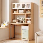 Bureau ordinateur en l - avec armoire - blanc et bois - bureau pivotant avec �tag�res tiroirs et portes ...