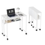 Bureau pliant avec tablette de rangement et roulettes - table d?ordinateur portable 63 cm design compact ...