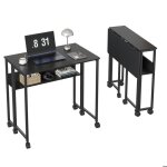 Bureau pliant avec tablette de rangement et roulettes - table d?ordinateur portable 63 cm design compact ...