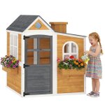 Cabane enfant ext�rieur - aiyaplay - porte fen�tres 3 bacs � fleurs - bois - 1255 x 119 x 126 cm - jaune ...