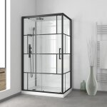 Cabine de douche 110x80cm / receveur bas - verre transparent sérigraphié et blanc - profilés noir Cabine de douche 110x80cm / receveur bas - verre transparent sérigraphié et blanc - profilés noir