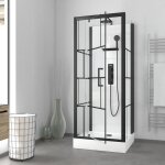 Cabine de douche carr�e 80x80x213 cm - porte pivotante - fond blanc et profil�s noir mat - rubiq