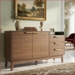 Cabinets - commode ch�ne fonc� marbre - 3 tiroirs + 2 portes - rangement polyvalent - robot aspirateur ...