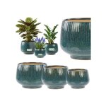 Cache - pots ronds en c�ramique - botle - lot de 3 - bleu d�lav� - motif 3d - fini brillant