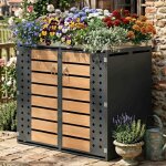 Cache - poubelle double 132�80�124. 5cm - bac � fleurs int�gr� - tri s�lectif & verrouillable - acier ...