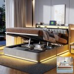 Cadre de lit coffre 140x190 cm - leww - velours gris - led - hydraulique - rangement intelligent