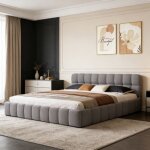 Cadre de lit 140x190 cm - t�te de lit rembourr� - avec sommier � lattes tissu en lin sans matelas gris ...