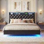 Cadre de lit 140x190 cm usb et led hydraulique avec sommier � lattes lit double pu noir