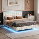 Cadre de lit 140x190 - nexu - lit adulte 2 personnes - lit flottant avec led - prise int�gr�e - lin beige ...