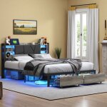 Cadre de lit 160x200 cm daidai tissu en pu lit adulte 160x200 cm design luxueux avec tiroirs et led id�al ...