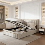 Cadre de lit 160x200 en velours avec rangement int�gr� t�te et pied de lit � liser� dor� structure en ...