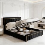 Cadre de lit 160x200 en velours avec rangement int�gr� t�te et pied de lit � liser� dor� structure en ...