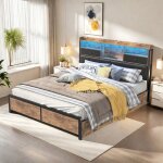 Cadre de lit 2 personnes 160x200 avec 4 tiroirs rangement et sommier en m�tal - lit industriel avec lumi�res ...