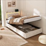 Cadre de lit 90 x 200 cm avec sommier - pergar - lit simple avec led et usb - rangement sous le lit - ...