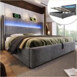 Cadre de lit &amp base - hydraulique t�te haute lin - led rangement usb / type - c - gris 180x200 cm