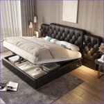 Cadre de lit &amp base - t�te allong�e lampes lecture usb rangement hydraulique - 180x200 cm - noir pu ...