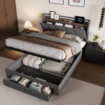 Cadre de lit lit coffre 160x200 cm avec led et ports usb 2 tiroirs t�te de lit rangement rembourr�e moderne ...