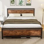 Cadre de lit double 200 x 160 cm en acier avec sommier et t�te de lit compatible matelas aspect bois ...