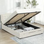 Cadre de lit double - homcom - sommier coffre � v�rins - tiroir � roulettes - t�te de lit r�glable capitonn�e ...