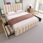 Cadre de lit maisentiel 160x200 cm lin beige capitonn� t�te rembourr�e avec port usb type - c et 4 tiroirs ...