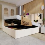 Cadre de lit maisentiel 160x200 cm tissu beige avec coffre relevable t�te r�glable clout�e liseuse et ...