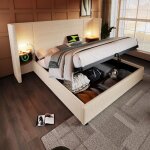 Cadre de lit maisentiel 180x200 cm c�tel� beige avec rangement hydraulique t�te int�gr�e lampe tactile ...