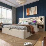 Cadre de lit maisentiel 180x200 cm velours beige t�te capitonn�e chevets int�gr�s coffre hydraulique ...