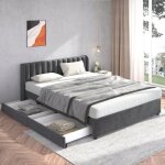 Cadre de lit maisentiel 180x200 cm velours gris t�te rembourr�e 2 tiroirs sommier � lattes inclus matelas ...