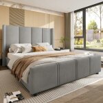 Cadre de lit rembourr� - langtu - 140 x 190 cm - t�te de lit haute - ports usb (x2) - velours gris