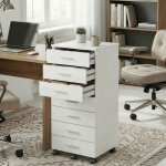 Caisson de bureau � roulettes support pour imprimante avec 7 tiroirs rails coulissants blanc