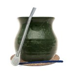 Calebasse mat vert marble 375 ml et bombilla yerba mate paille en acier inoxydable