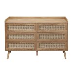 Calicosy - commode 6 tiroirs avec faades en rotin naturel l120 cm - palmo - bois clair
