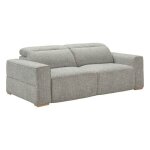 Canap� 3 places assises coulissantes �lectriques en tissu boucl� bleu - gris - havana