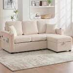 Canap� 3 places beige avec led & usb - c - rangement int�gr� & poches lat�rales - tissu doux & confortable ...