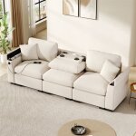 Canap� 3 places en chenille beige avec table pliante port usb et rangements ? 242�80�88 cm