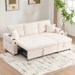 Canap� 3 places moderne lit escamotable velours c�tel� avec rangement porte - gobelets et port usb - ...