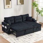 Canap� 3 places moderne noir velours c�tel� rangement porte - gobelets et port usb - c. m�ridienne hydraulique ...